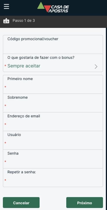 Página de Cadastro na Casa de Apostas