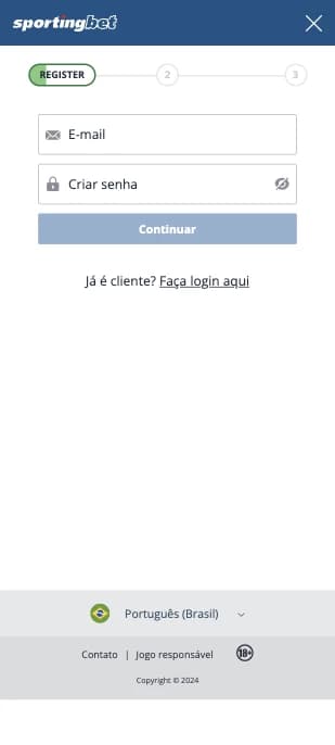 Captura tela E-mail e senha são passos necessários para realizar Cadastro da Sportingbet