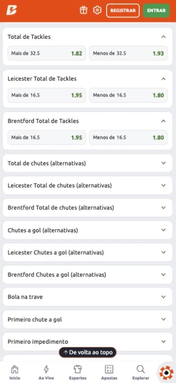 Captura de tela Aposta em Total de Tackles Betano Partida entre Leicester Brentford para a Premier League