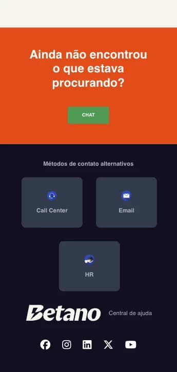 Captura de tela Central de Ajuda Betano com chat ao vivo, email, call center, HR.