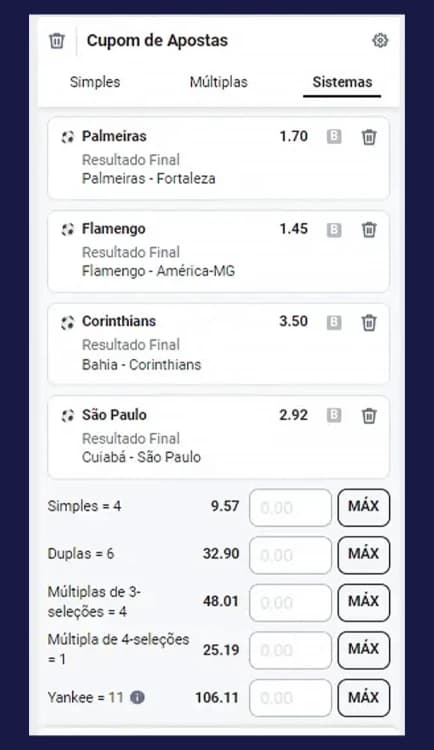 Captura de Tela Exemplo de uma Aposta de Sistema Betano com 4 times de futebol.
