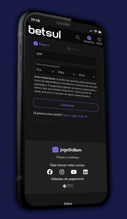 Print da app da Betsul na seção para criar conta na casa de apostas