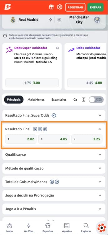 Captura de tela Aposta em Resultado Final na Betano jogo entre Real Madrid e Manchester City mata-mata da Champions League