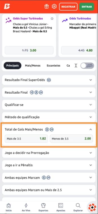 Captura de tela Aposta em Total de Gols mais ou menos gols na Betano na partida entre o Real Madrid e o Manchester City na fase de mata-mata das Champions League