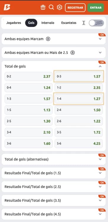 Captura de tela Aposta em intervalo de gols na Betano
