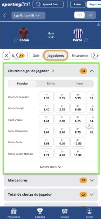 Captura de tela aposta em chutes no gol na Sportingbet na partida entre Roma e Porto para a europa league