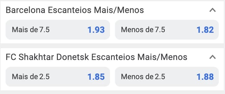 Captura de tela Odds de Aposta em Escanteios Mais/Menos por time