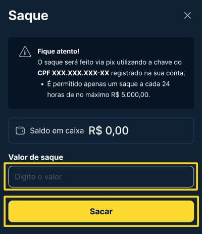 Captura de tela identificar o valor de saque desejável na Estrela Bet