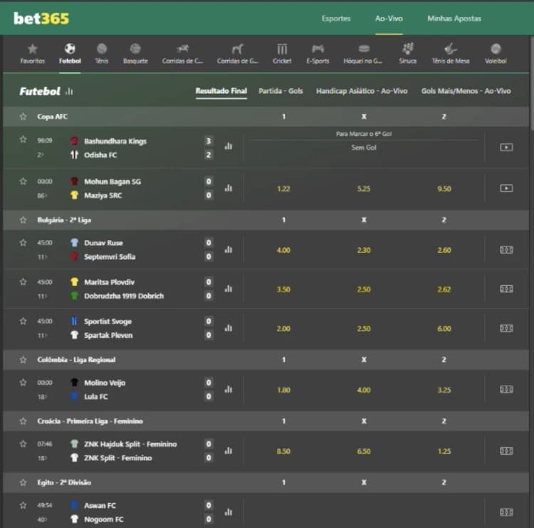Captura de tela selecionar partida de futebol para apostar em tiros de meta na bet365