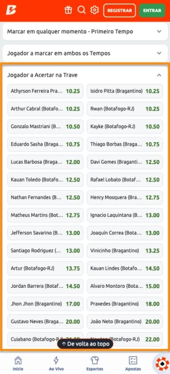 Captura de tela aposta em bola na trave por jogador
