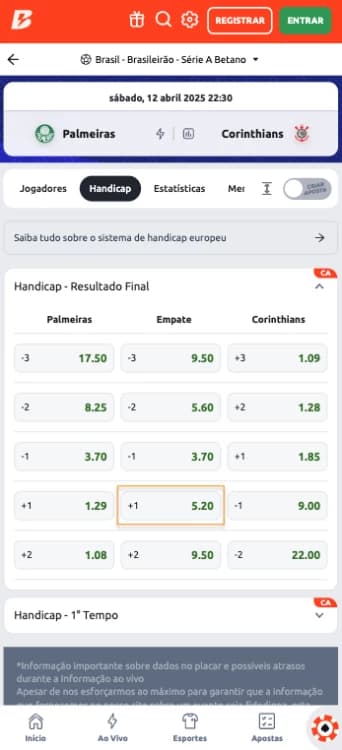 Captura de tela Handicap Empate +1 Betano
