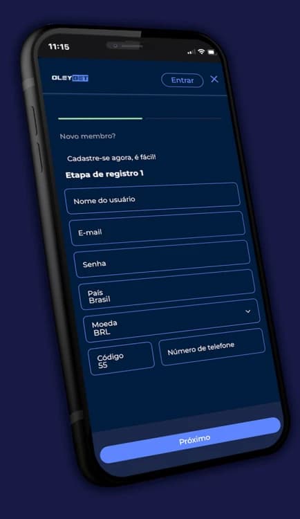 Captura de tela dos passos necessários para criar conta na Oleybet