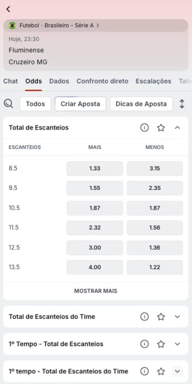 Captura de tela mercado de total de escanteios com mais de 9.5 e menos de 9.5 na Superbet