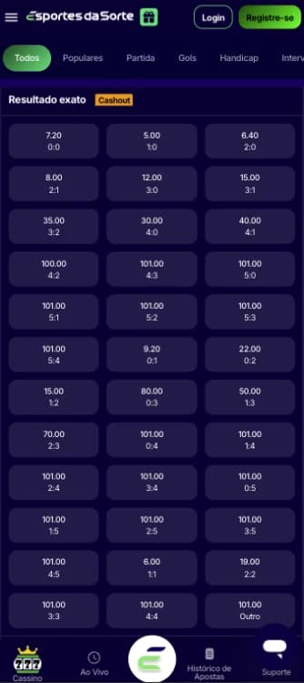 Screenshot da app Esportes da Sorte mostrando a opção 'Outro' no mercado Resultado Exato