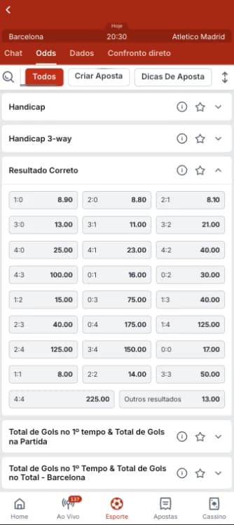 Screenshot da app Superbet mostrando a opção 'Outros resultados' no mercado Resultado Correto