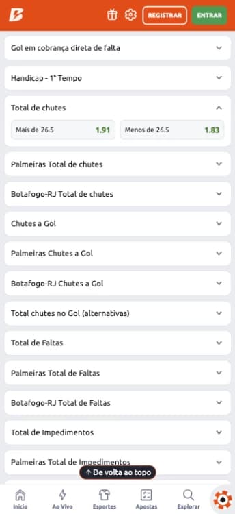 Captura de tela Total de Chutes Betano na partida entre Palmeiras x Botafogo pelo Brasileirão Betano 2025