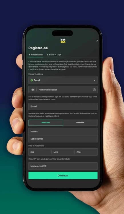 Usuário cadastrando conta na Bet365 Brasil pelo smartphone, mostrando app intuitivo e registro seguro