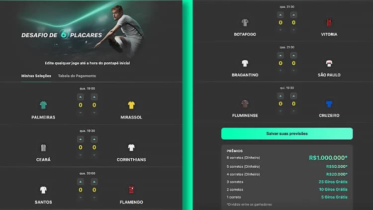 Tela da Bet365 mostrando opções de jogos para o Desafio 6 Resultados, destacando como participar