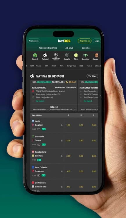 Plataforma de apostas Bet365 Brasil em smartphone, com esportes e jogos ao vivo disponíveis para apostar.