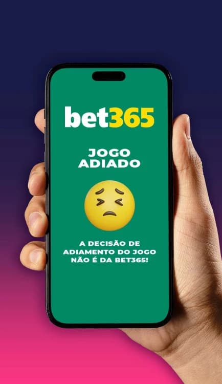 Smartphone mostra mensagem de jogo adiado na Bet365 com emoji triste para apostadores