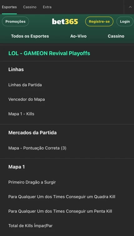 Captura de tela da Lista de Mercados disponíveis na bet365