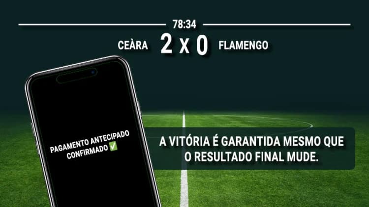 Imagem mostrando o resultado do jogo Ceará 2 x 0 Flamengo, evidenciando que o pagamento antecipado 2 gols foi acionado, com vitória do Ceará