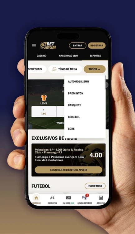Tela de apostas esportivas da BetMGM com opções de futebol, basquete e tênis