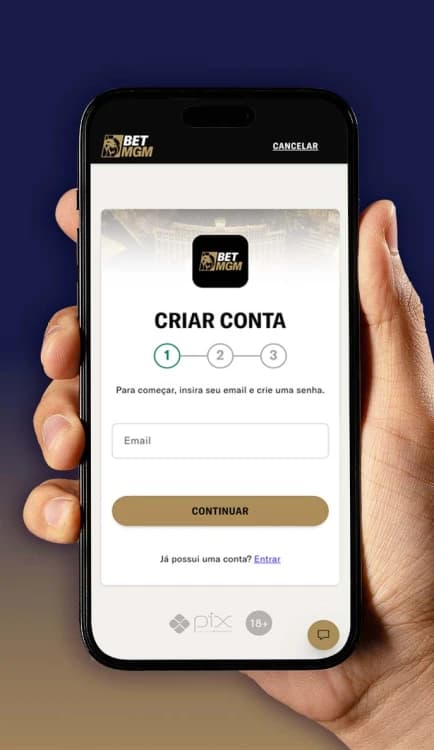 Pessoa segurando um smartphone mostrando a tela de cadastro no site de apostas esportivas e cassino BetMGM Brasil