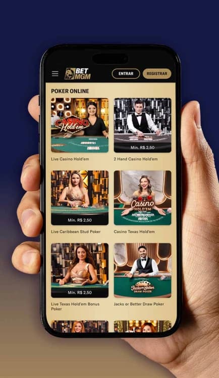 App BetMGM mostrando poker online com Casino Hold'em, Texas Hold'em, Caribbean Stud e Jacks or Better.