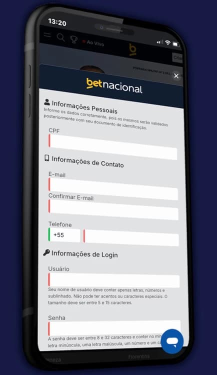 Imagem de um smartphone exibindo o formulário de cadastro da Betnacional, com campos para CPF, e-mail e senha