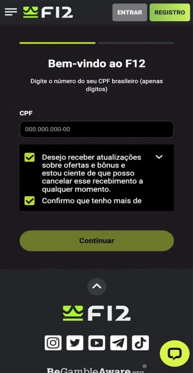 Captura de tela do processo de cadastro na F12.bet