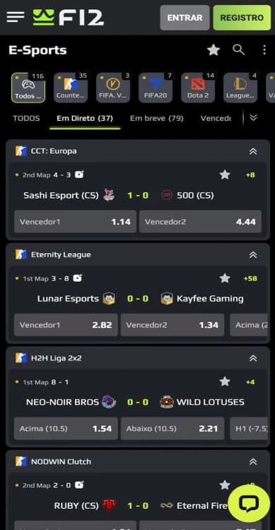 Captura de tela Página de mercado de apostas em E-Sports F12.bet