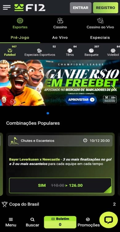 Captura de tela Página de mercado de apostas esportivas F12.bet