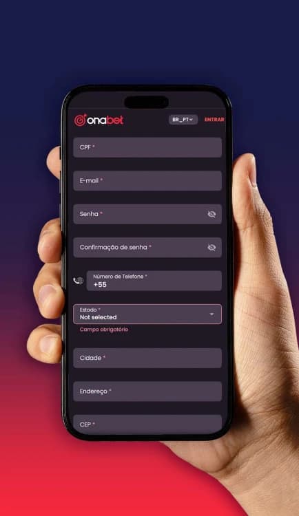 Processo de Cadastro na OnaBet Brasil com preenchimento de dados obrigatórios como CPF, e-mail, número de celular, cidade, enderenço.
