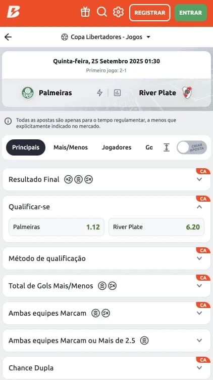 Captura de tela Aposta em Qualificar-se Betano na partida entre Palmeiras e River Plate para a Libertadores 2025