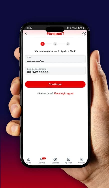 Pessoa segurando smartphone mostrando tela de cadastro da plataforma Superbet, com fundo azul escuro, destacando login e registro seguros.