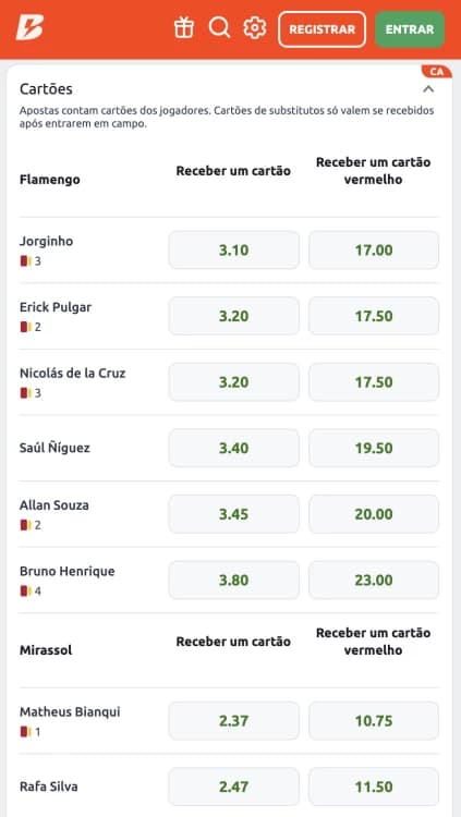 Captura de tela mercado de aposta em cartões na Betano