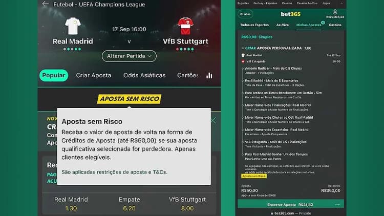 Captura de tela mostrando o que é considerado Aposta sem Risco na bet365