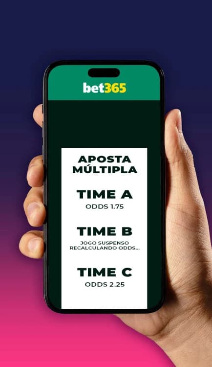 Exemplo de aposta múltipla na Bet365 com jogo suspenso, mostrando recalculo de odds após remoção de seleção.