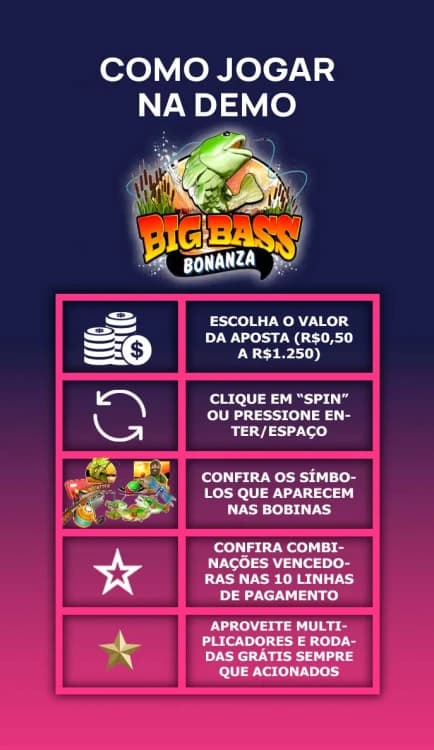 Passos para jogar Big Bass Bonanza demo com apostas, giros e símbolos especiais